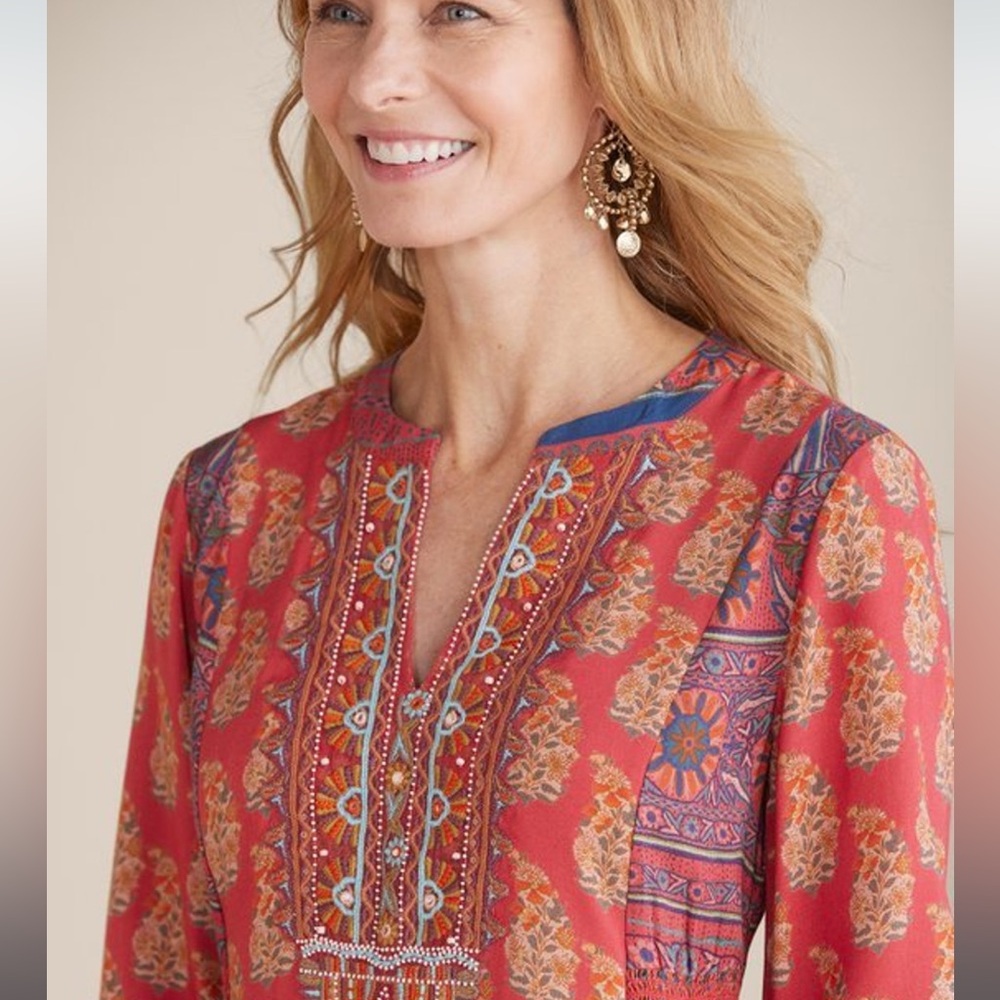 Soft Surroundings Red and Gold Long Sleeve Dress PXS Thanksgiving perfect. - Picture 2 of 15